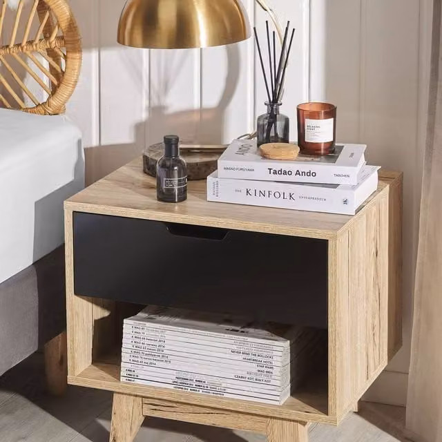 Wyld and Coco Minimalist Scandinavian Bedside Table in Brown with 1 Drawer, W/D/H: 46 x 50 x 46 cm
