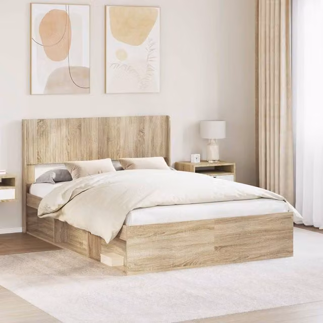 Berkfield Home Bed Frame with Headboard and Side Compartment Storage, Sonoma Oak, Brown, W/D/H: 120 x 190 cm