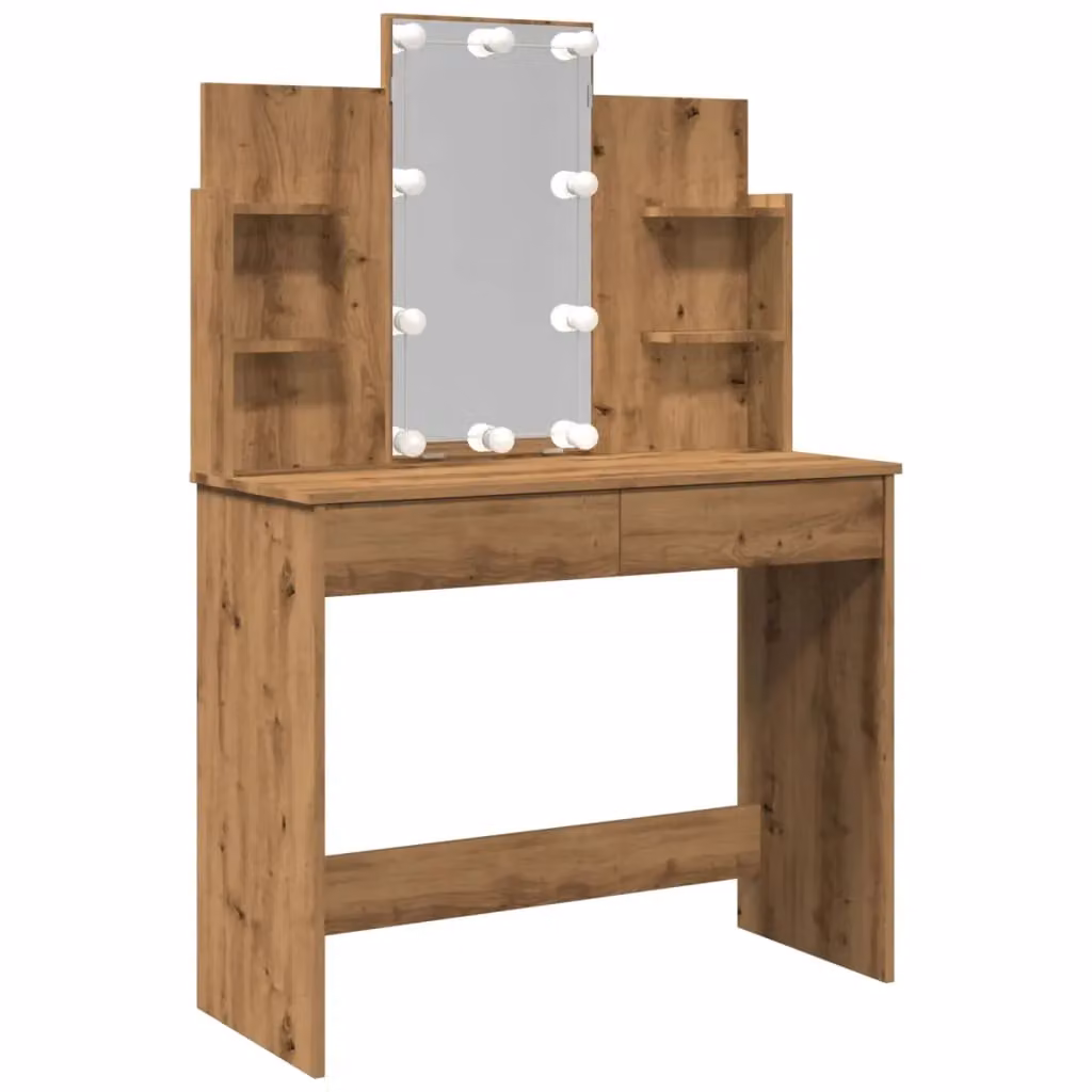 Berkfield Home Dressing Table with Hollywood LED Lights in Artisan Oak Brown, W: 96 cm, D: 40 cm, H: 142 cm – 2