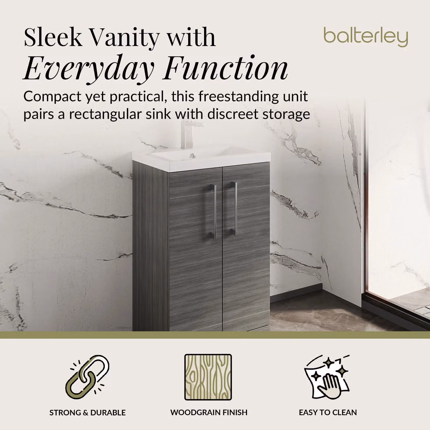 Balterley Modern Bathroom Vanity Basin Unit in Wood Grey with Chrome Handles, W: 60 cm, H: 84 cm – 2