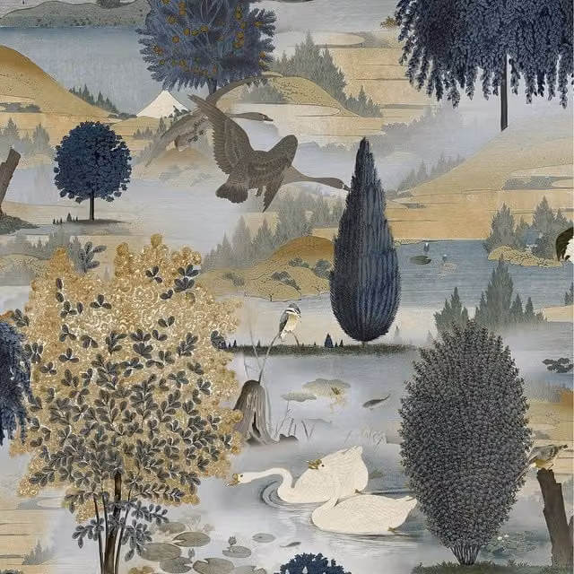 Holden Landscape Nature and Botanical Floral Wallpaper in Blue and Yellow – 1