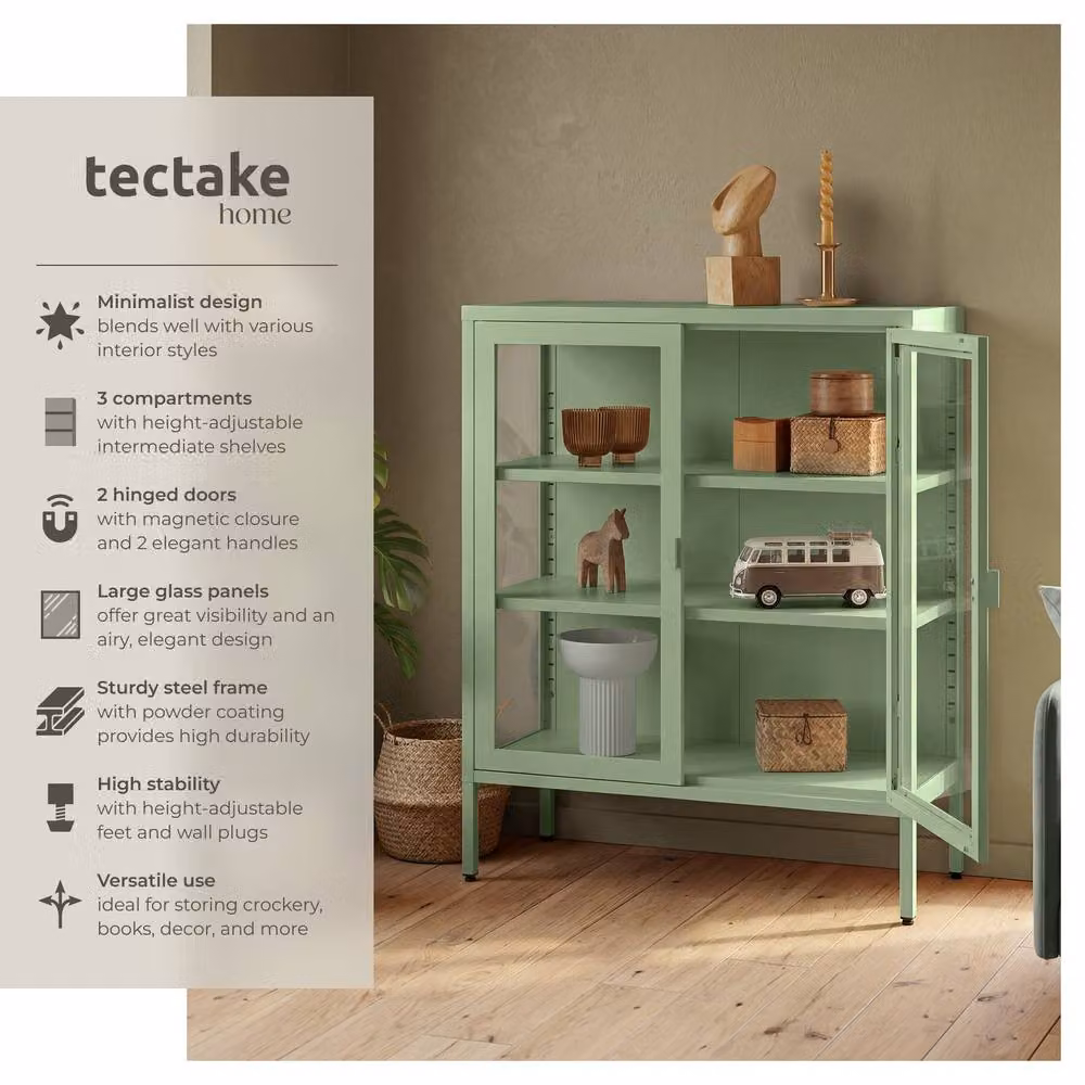 tectake Baker Metal Display Case with Glass Doors in Pale Green – 2