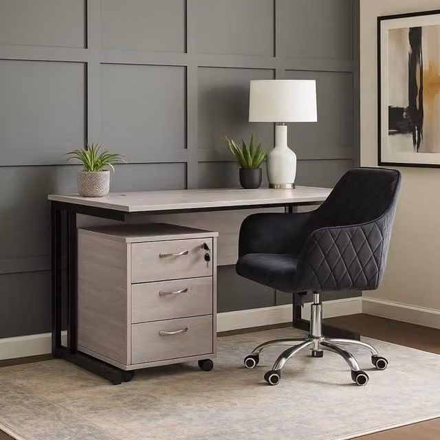 Kosy Koala Modern Home Office Set with 140 cm Desk, Swivel Chair and Drawer Pedestal in Black and Grey
