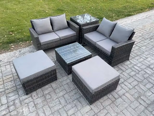 Fimous 6 Seater Rattan Garden Furniture Set in Dark Grey with 2 Ottomans and Coffee Table