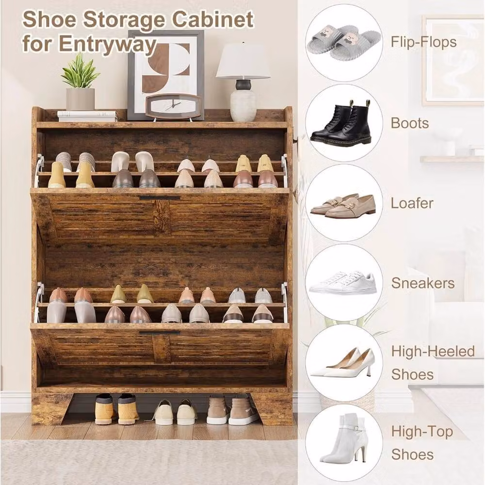 VOGREX Narrow Rustic Brown Wood Shoe Cabinet with Tilting Compartments and Ventilation for Hallways – 3