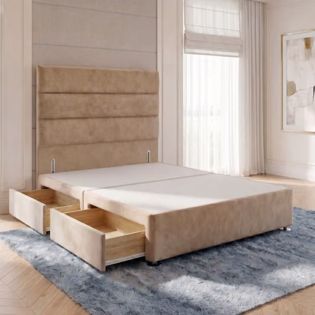 Horizona Velvet Divan Bed Base with Floor Standing Headboard and Drawers, Beige, W/D/H: 200 x 180 x 34.5 cm