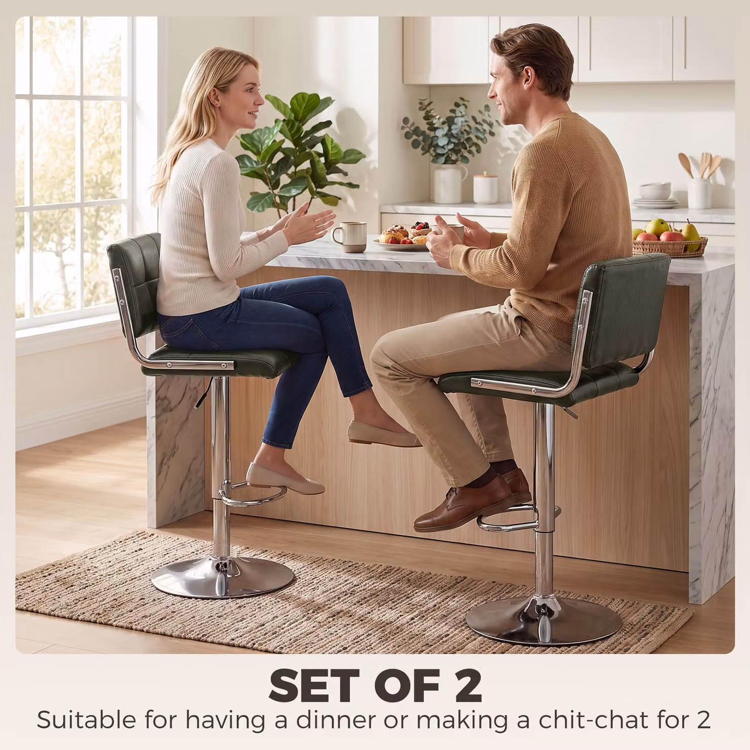HOMCOM Set of 2 Modern Adjustable PU Leather Bar Stools with Backrest in Green and Silver – 3