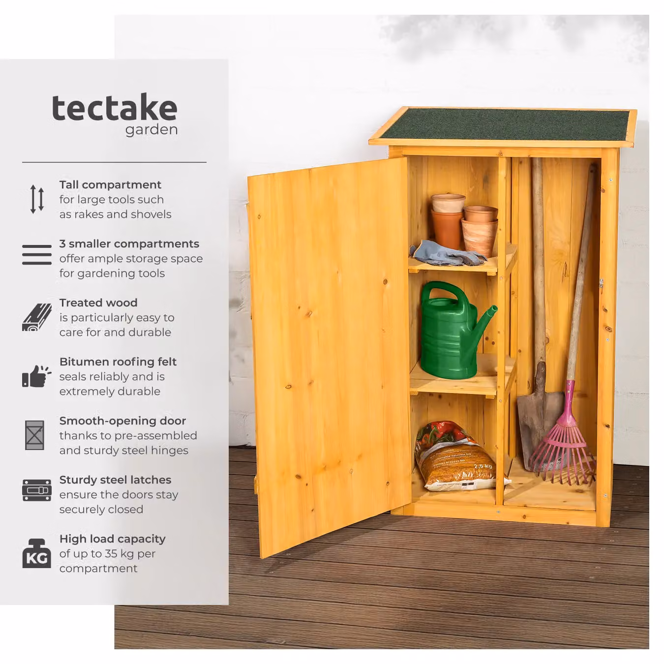tectake Garden Storage Shed in Brown with Flat Roof, Impregnated Wood, Shelving and Lockable Single Door, W/D/H: 56.0 x 75.0 x 118.0 cm – 7