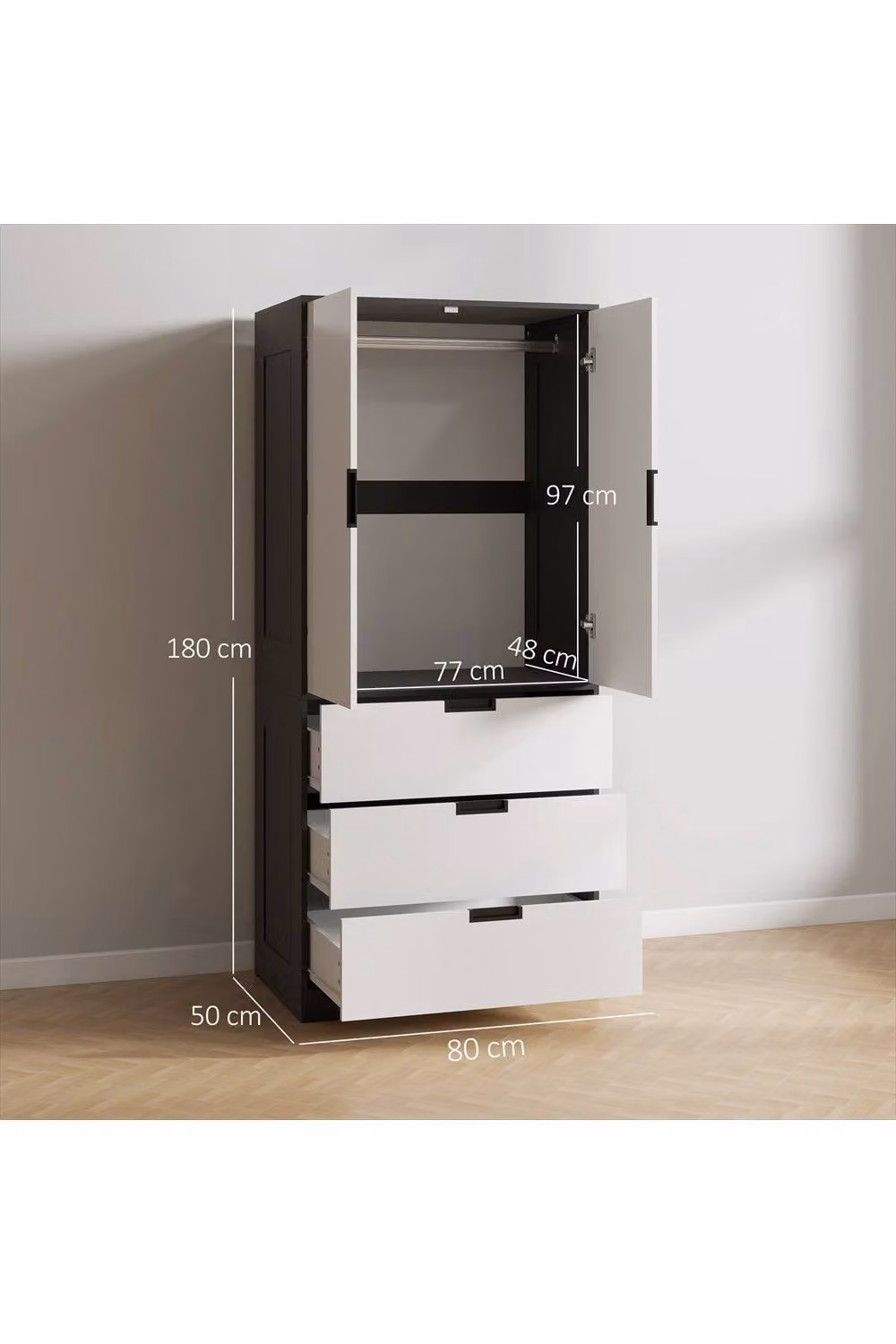 ERGOVEXA Modern 2 Door Wardrobe with 3 Integrated Drawers and Soft Close Doors, High Gloss White, W: 80 cm, D: 50 cm, H: 180 cm – 2