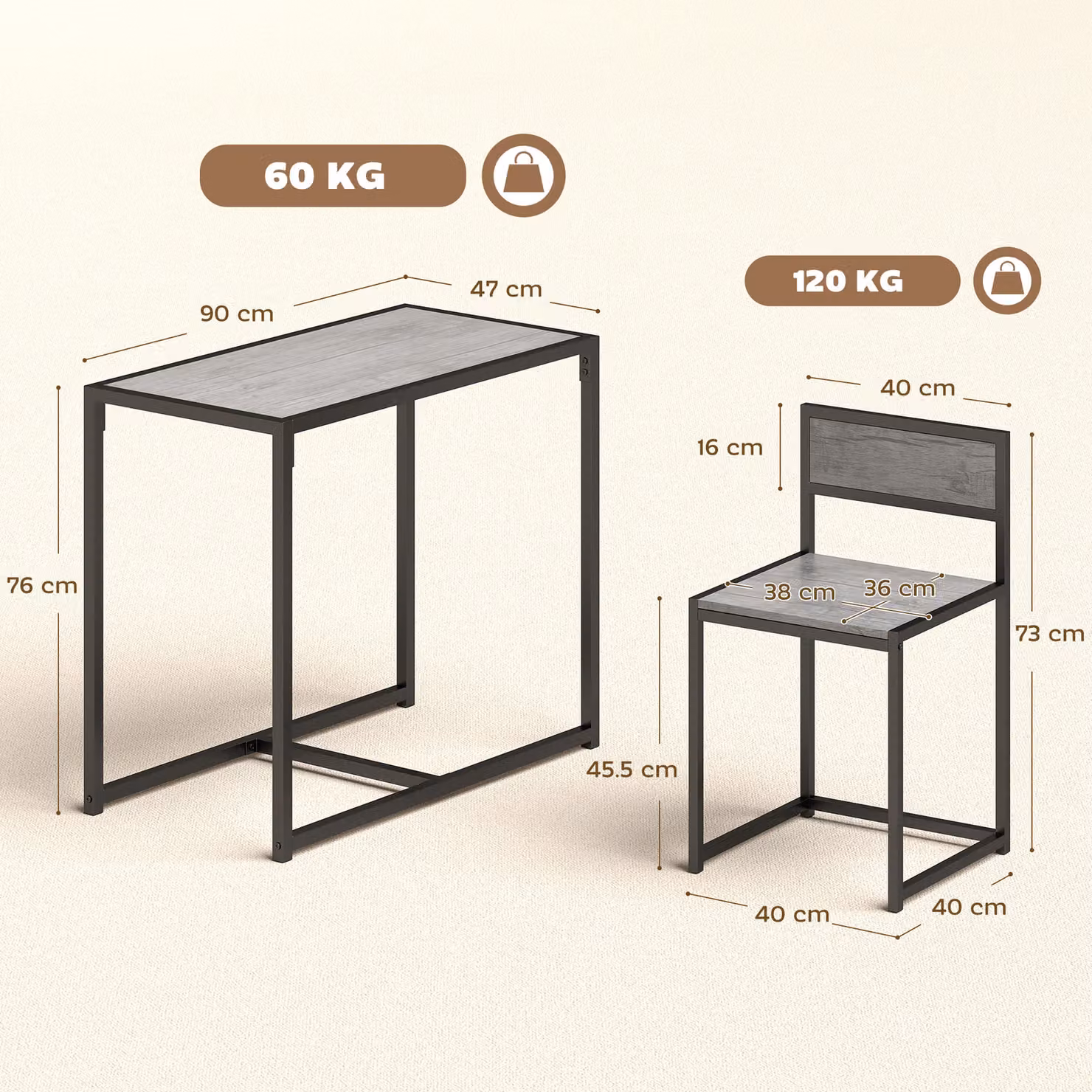 HOMCOM 3 Piece Industrial Kitchen Table and Stool Set in Grey, Black and Brown with MDF and Metal Construction – 3