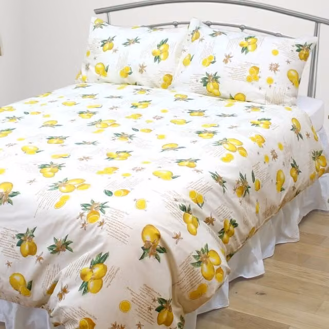 Kitchenwise Lemons Floral Duvet Cover and Pillowcase Set, Yellow, Green and White, Duvet Cover: 200 x 200 cm, Pillowcase: 50 x 70 cm