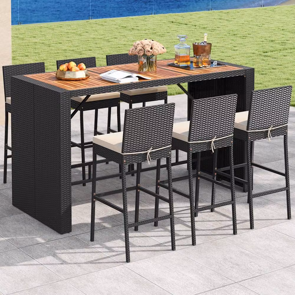Costway 7 Piece Black Rattan Patio Bar Set with 6 Wicker Bar Height Chairs and Acacia Wood Details – 4