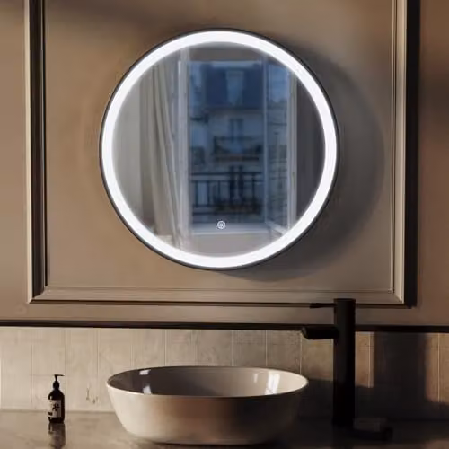 Nes Home Round LED Bathroom Mirror with Demister, Touch Sensor and Dimmable Cool White Light in Black or Silver – 1