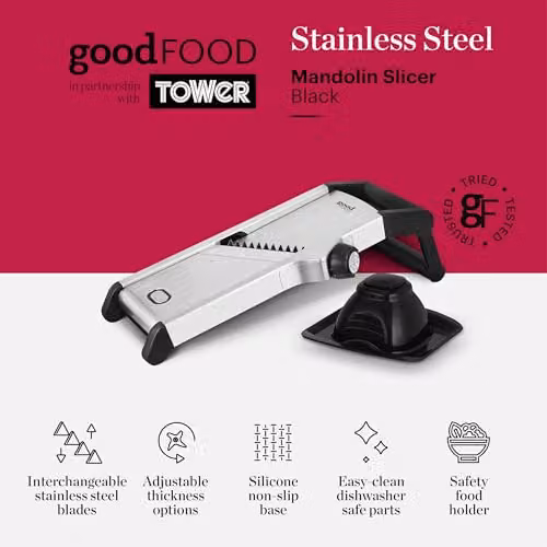 Tower Good Food in Partnership with Chef Mandoline Slicer with Adjustable Thickness, Multiple Blades and Non-Slip Base, Silver and Black – 2