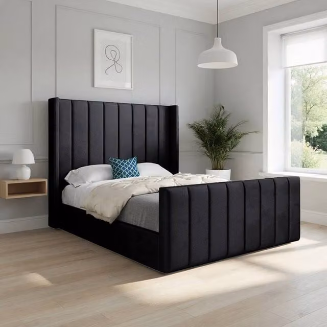 Casani Shildon Upholstered Designer Bed Frame in Black Velvet, W/D/H: 137 x 120 x 200 cm
