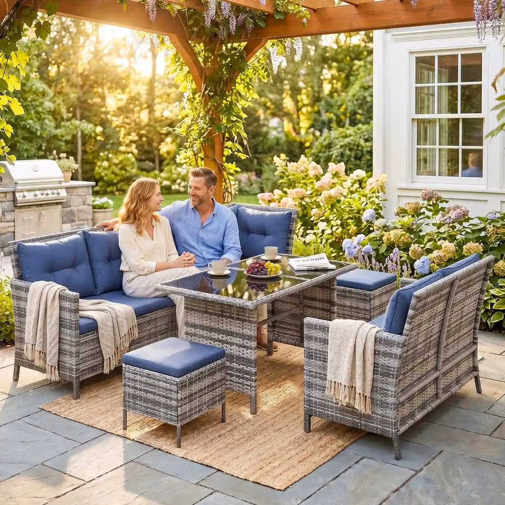 ERGOVEXA 7-Seater L-Shape Rattan Patio Sofa Set with Ottoman and Coffee Table in Dark Blue and Grey – 4