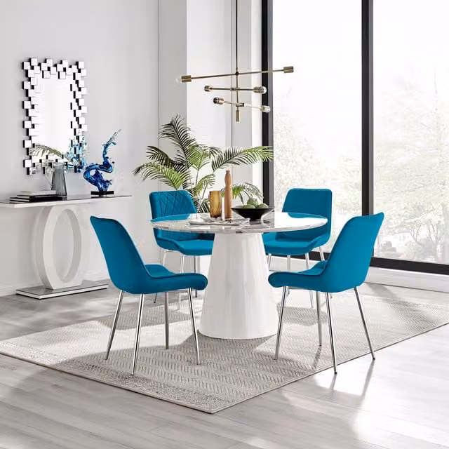 Furniturebox Palma Round White Marble Effect Dining Table with 6 Blue Velvet Pesaro Silver Chairs