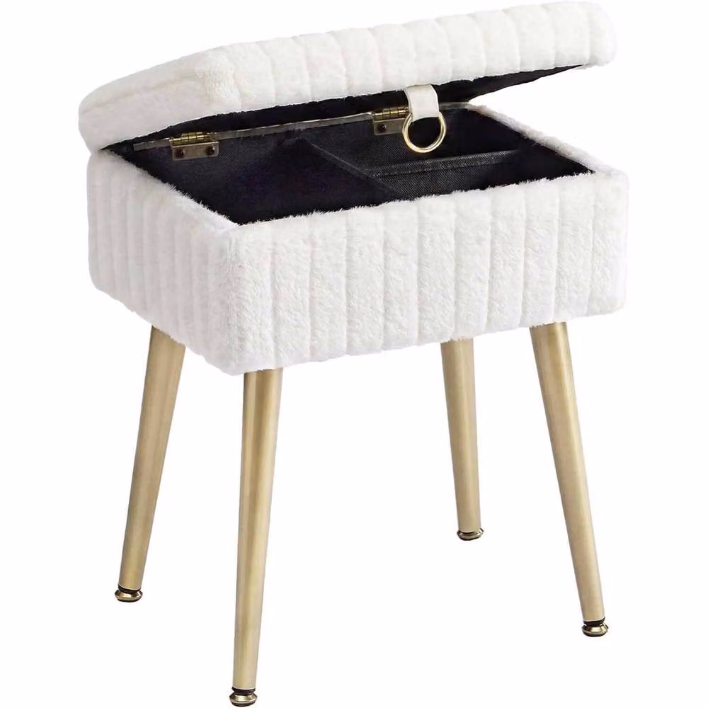 The Bazaarist Upholstered Storage Dressing Stool with Metal Legs in White and Cream – 2