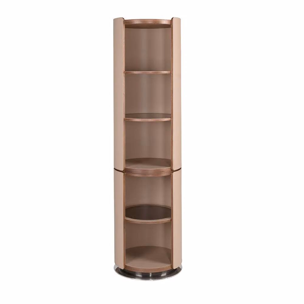 Angel Cerda Walnut and Mink Leatherette Modern Freestanding Shelf with Back Panel, H 185.0 x W 49.0 x D 49.0 cm – 2