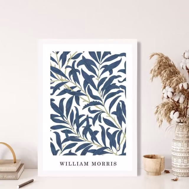 ARTZE William Morris Willow Floral Art Print in Navy, Green and White with White Frame, A4