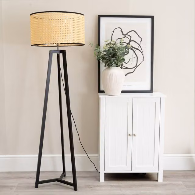 ValueLights Lottie Tripod Floor Lamp with Black Wood Base and Beige Rattan Shade
