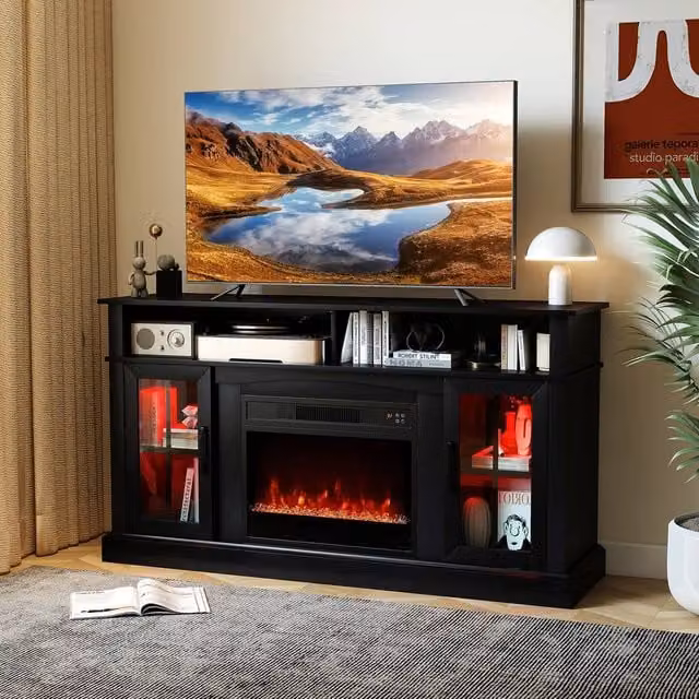 Gymax Modern Black Electric Fireplace TV Stand and Media Console with Integrated Lighting and Glass Details