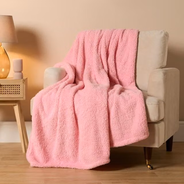 Brentfords Plain Pink Fluffy Teddy Fleece Throw, 200 cm