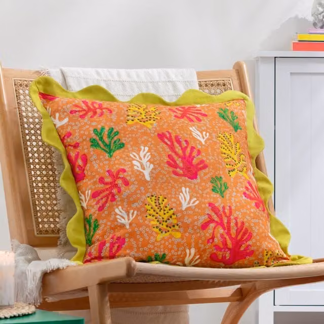 furn Coral Scalloped Cotton and Polyester Filled Cushion in Yellow and Multicolour, W/D/H: 50 x 50 x 50 cm