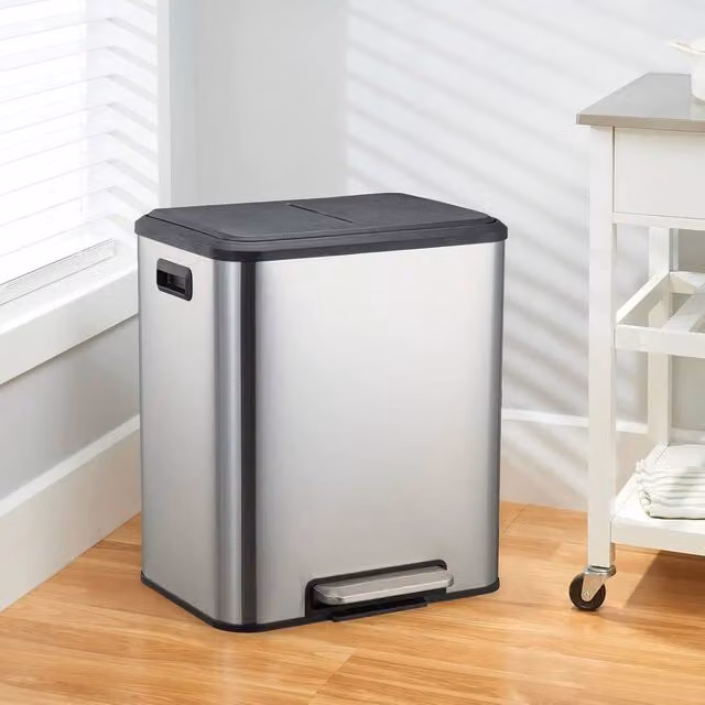 London Boutique Double Kitchen Bin with Soft-Close Pedal and Removable Inner Buckets, 2 x 15L, Stainless Steel, Silver – 1