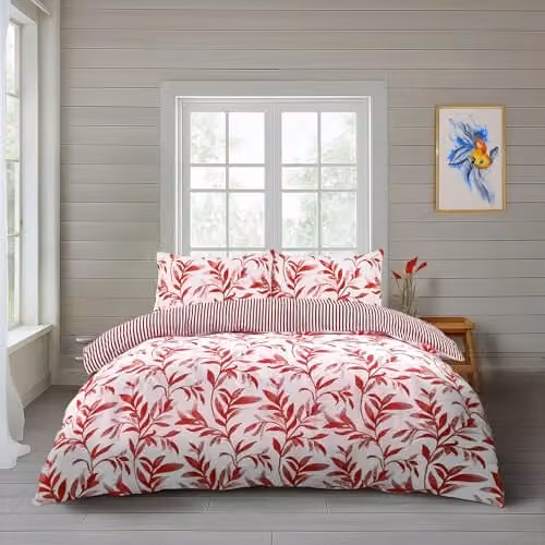 Home Sweet Home UK Red King Duvet Cover and Pillowcase Set, Reversible Floral Leaf and Stripe Polycotton Bedding, W/D/H: 230 x 220 x 180 cm