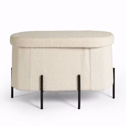 OHS Large Oval Boucle Ottoman Storage Footstool with Metal Legs in Beige and White – 2