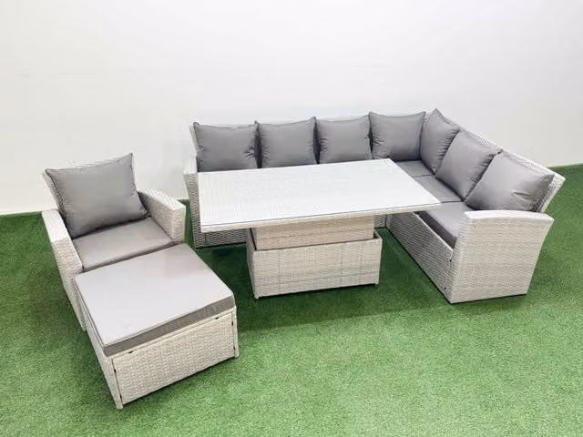 Fimous 8 Seat Rattan Garden Furniture Corner Sofa Set with Footstool in Light Grey