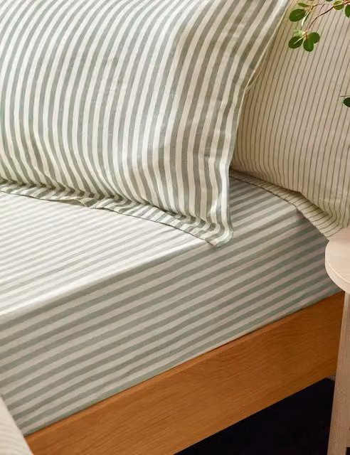 YARD Striped Pure Cotton Fitted Sheet, Green, 200 x 200 cm