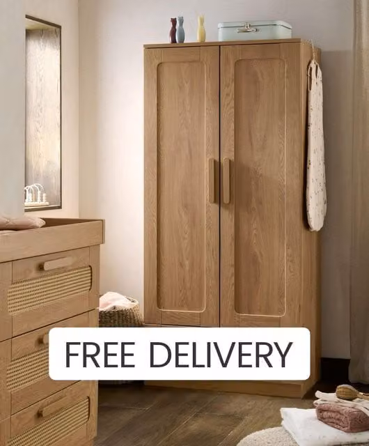 Mamas & Papas Esna Rattan Wardrobe in Brown and Beige with Soft Close Doors and Integrated Drawers, H 182 x W 84.3 x D 56 cm