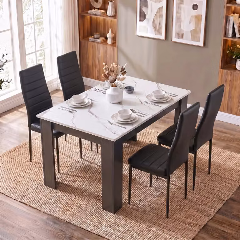 DHS Modern 4 to 6 Seater Dining Table and Chairs Set with White Marble Effect Rectangular Table and Black Upholstered Chairs