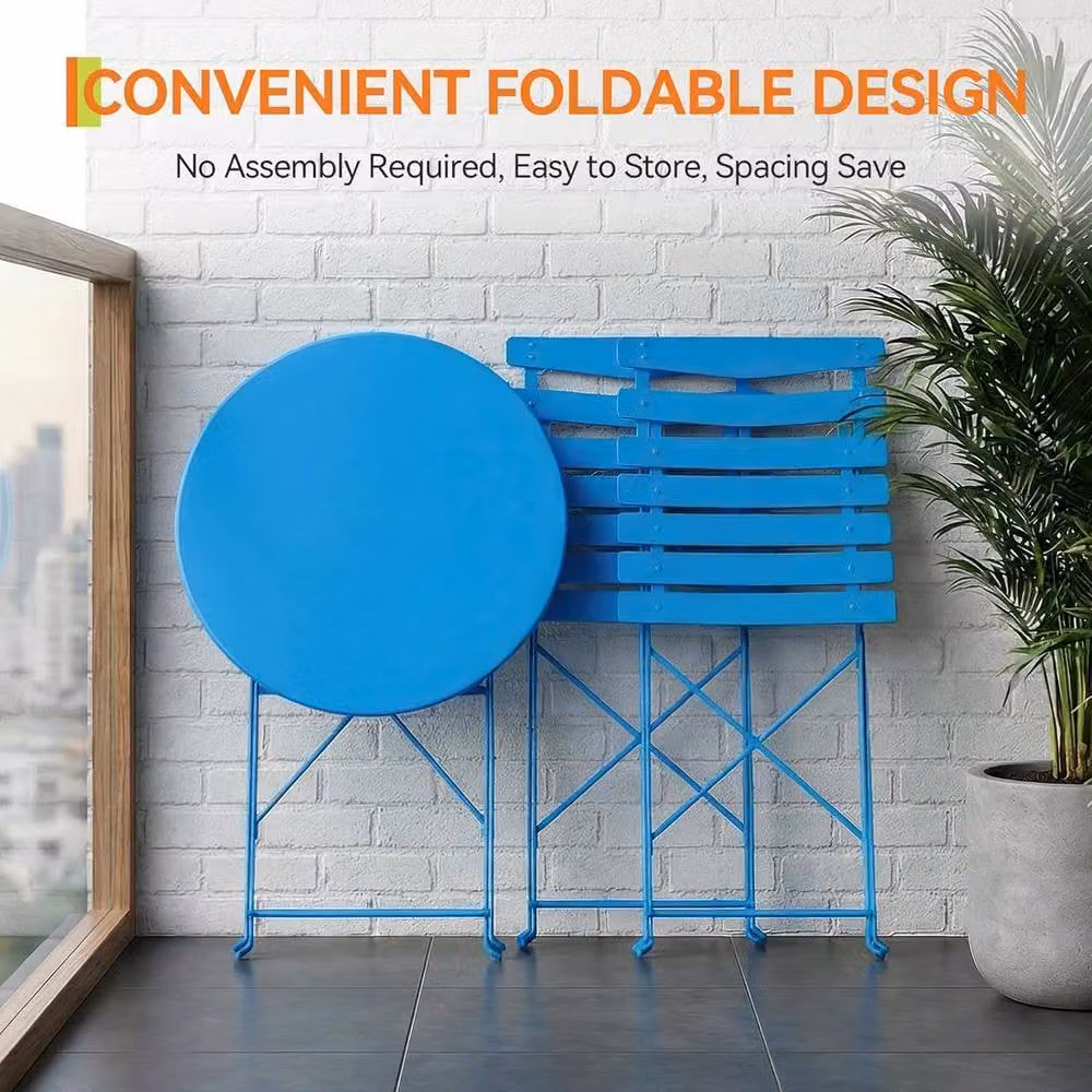 London Boutique 3-Piece Folding Metal Bistro Set with Round Table and 2 Chairs in Blue – 5