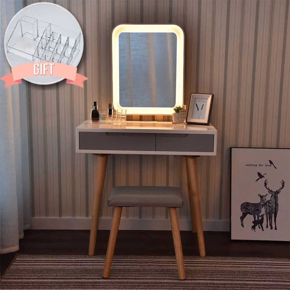 Kelvenix Modern White Lacquered Wood Rectangular Dressing Table Vanity Set with Hollywood LED Mirror – 3