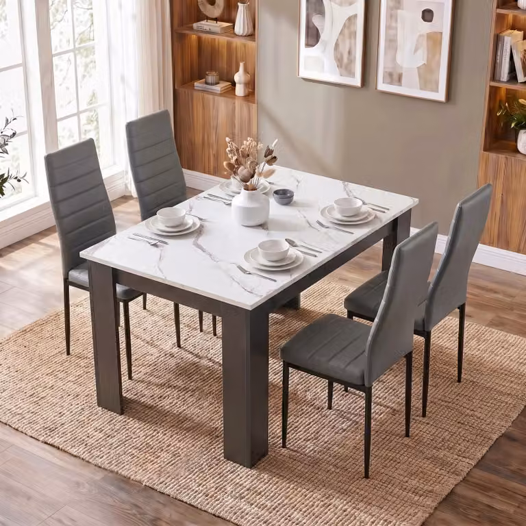 DHS Modern 4 to 6 Seater Dining Table and Chairs Set with White Marble Effect Rectangular Table and Grey Upholstered Chairs