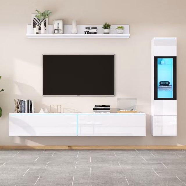Tokpiedi Modern 3 Piece White Glossy LED Entertainment Centre Wall Unit Set with Wall Cabinet, Lowboard and Display Vitrine