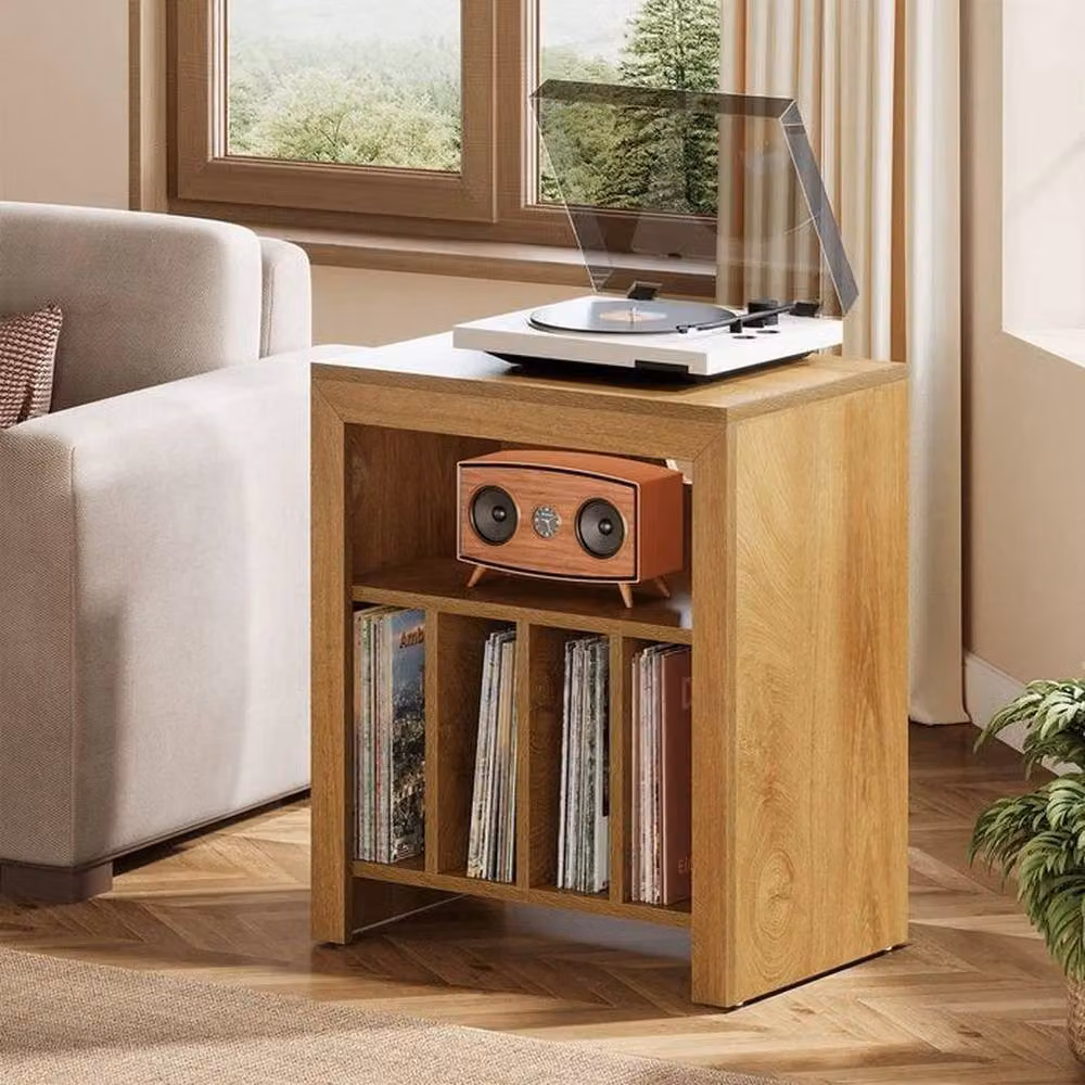 PAWNORA Large Industrial Wood Record Player Stand and Vinyl Storage in Brown – 5