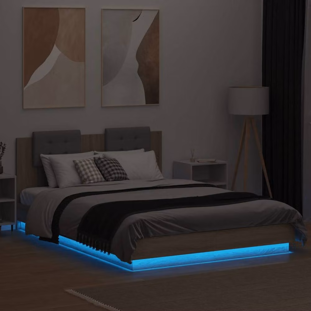 Berkfield Home Sonoma Oak Bed Frame with LED Lighting and USB Charging Port, Light Oak, W: 140 cm, D: 200 cm – 3