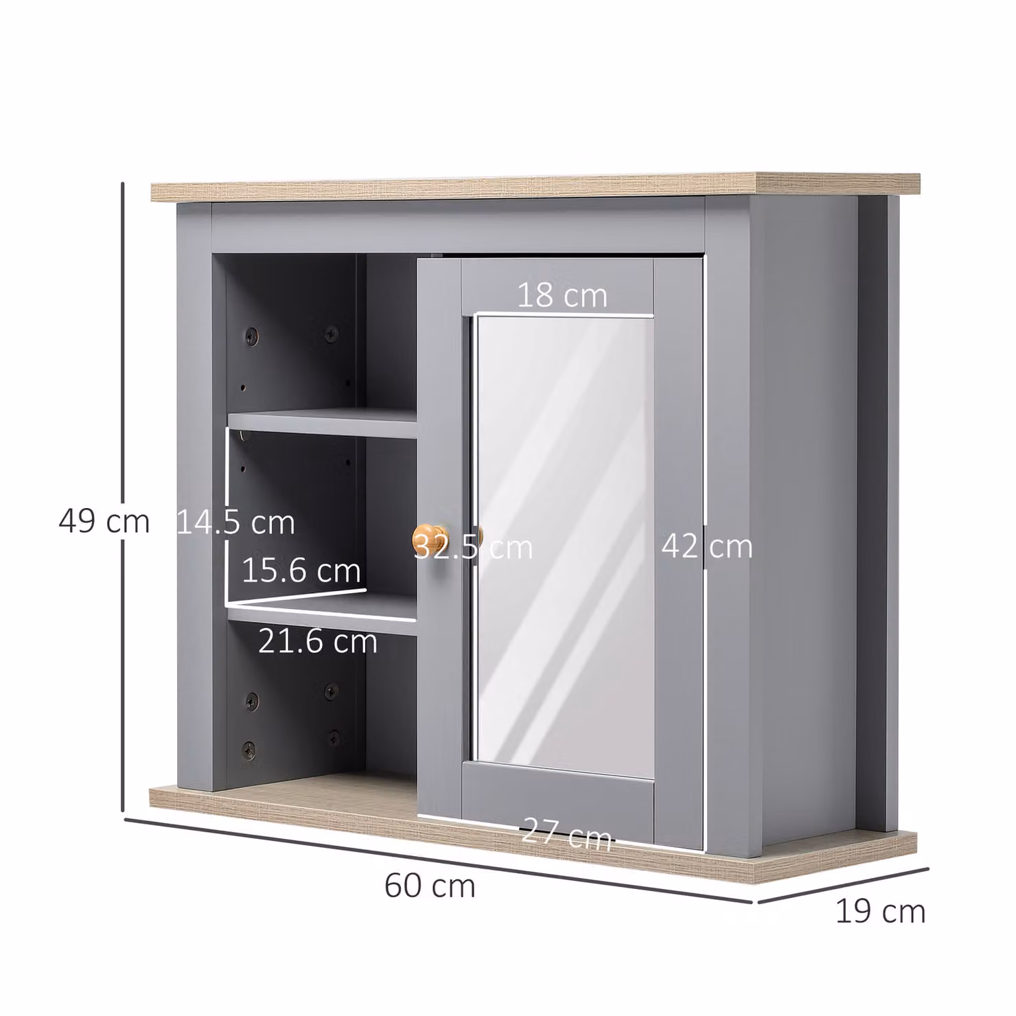 Kleankin Wall-Mounted Mirror Cabinet in Grey with Hinged Doors and Internal Shelves – 3