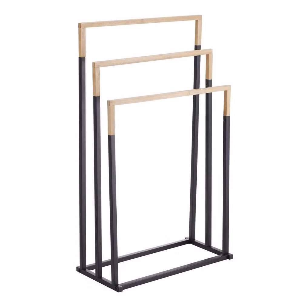 ERGOVEXA 3 Tier Freestanding Towel Rack Stand in Black Metal and Bamboo – 3