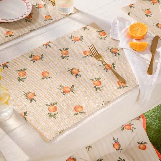Furn Set of 4 Yellow Striped Outdoor Placemats with Orange Fruit Design, W: 46 cm, H: 36 cm
