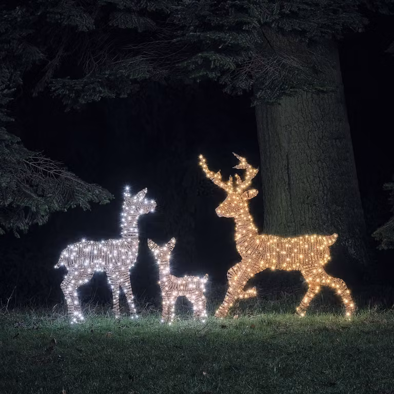 Pateley Dual LED Rattan Stag, Fawn and Doe Light Up Reindeer Family in Brown and Black