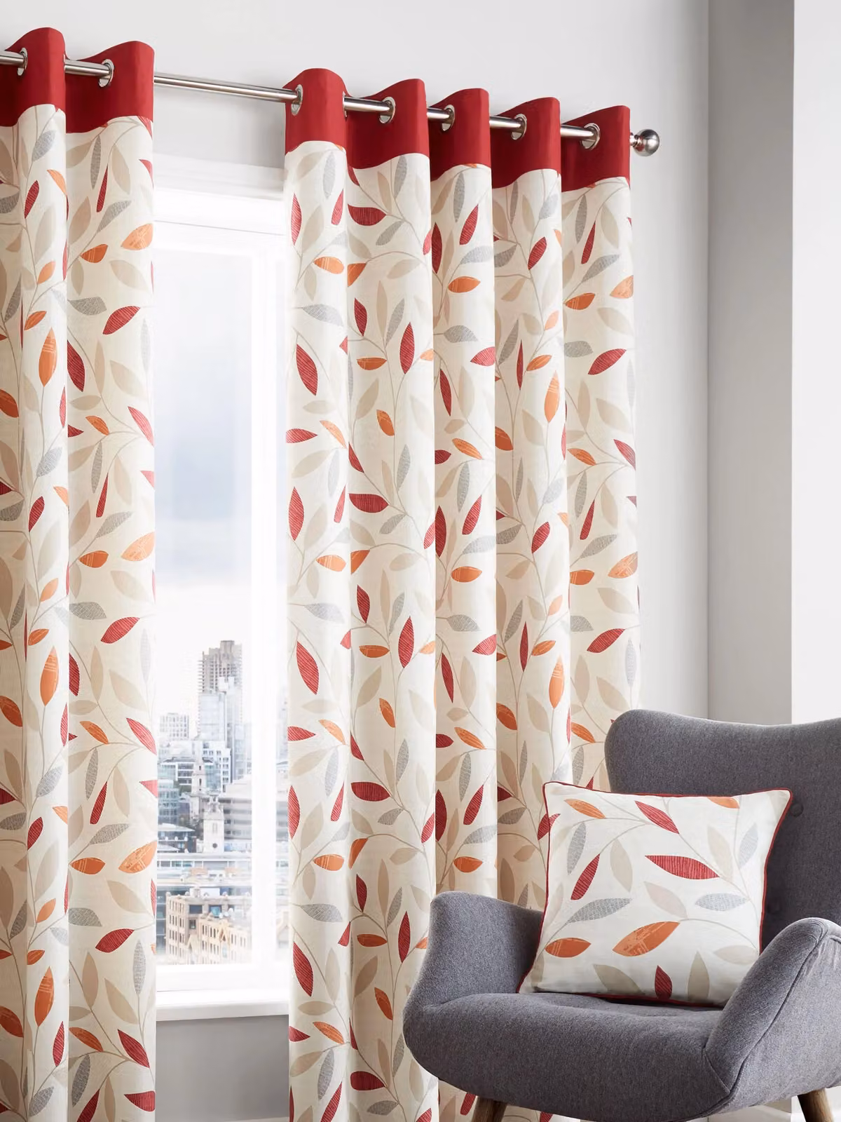 Fusion Beechwood Leaf Floral Cotton Eyelet Curtains in Red and Multicolour, Width: 168 cm, Drop: 229 cm – 3