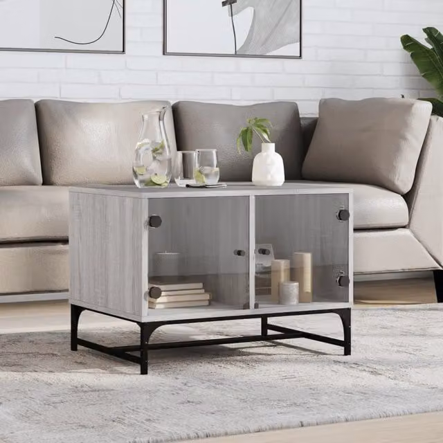 Berkfield Home Coffee Table with Glass Doors in Grey Sonoma, W/D/H: 50 x 50 x 68.5 cm – 1
