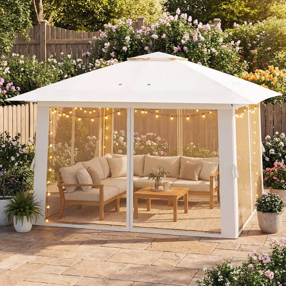 Costway Pop Up Gazebo Foldable Canopy Tent with Mesh Netting and Double Roof in Beige – 6