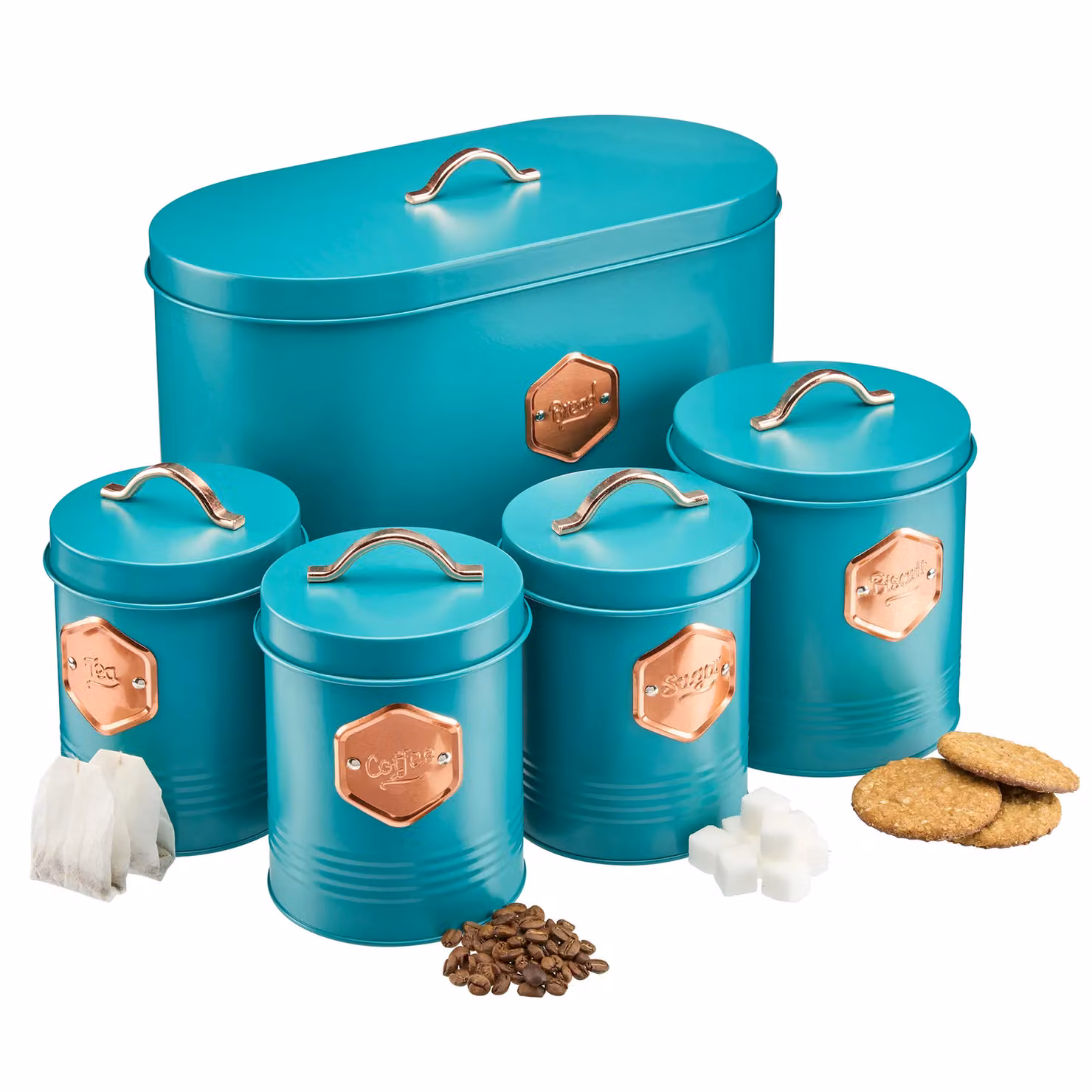 Cooks Professional 5 Piece Tea Coffee Sugar Bread and Biscuit Airtight Kitchen Storage Canister Set in Petrol Blue – 2
