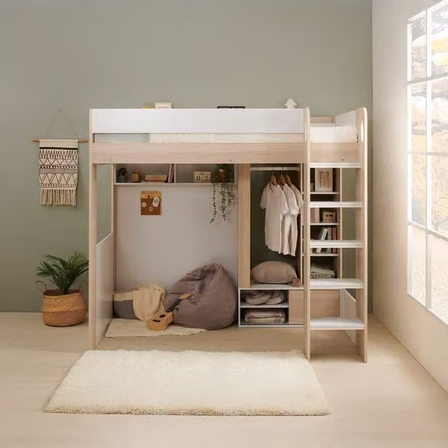Flair Modern Elevated Single High Sleeper Frame with Stairs in Brown and White Oak Engineered Wood